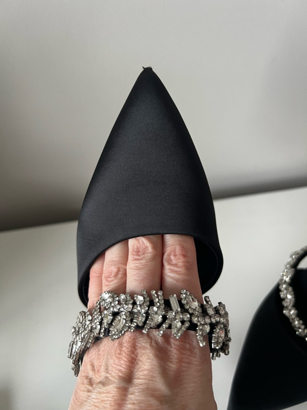ANTONIO MELANI Black Satin Pointed Toe Heels with Crystal-Embellished Strap - Picture 4 of 10